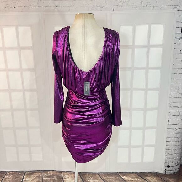 Express NWT Purple Metallic Ruched Long Sleeve Mini Bodycon Dress Size Small - Picture 8 of 12